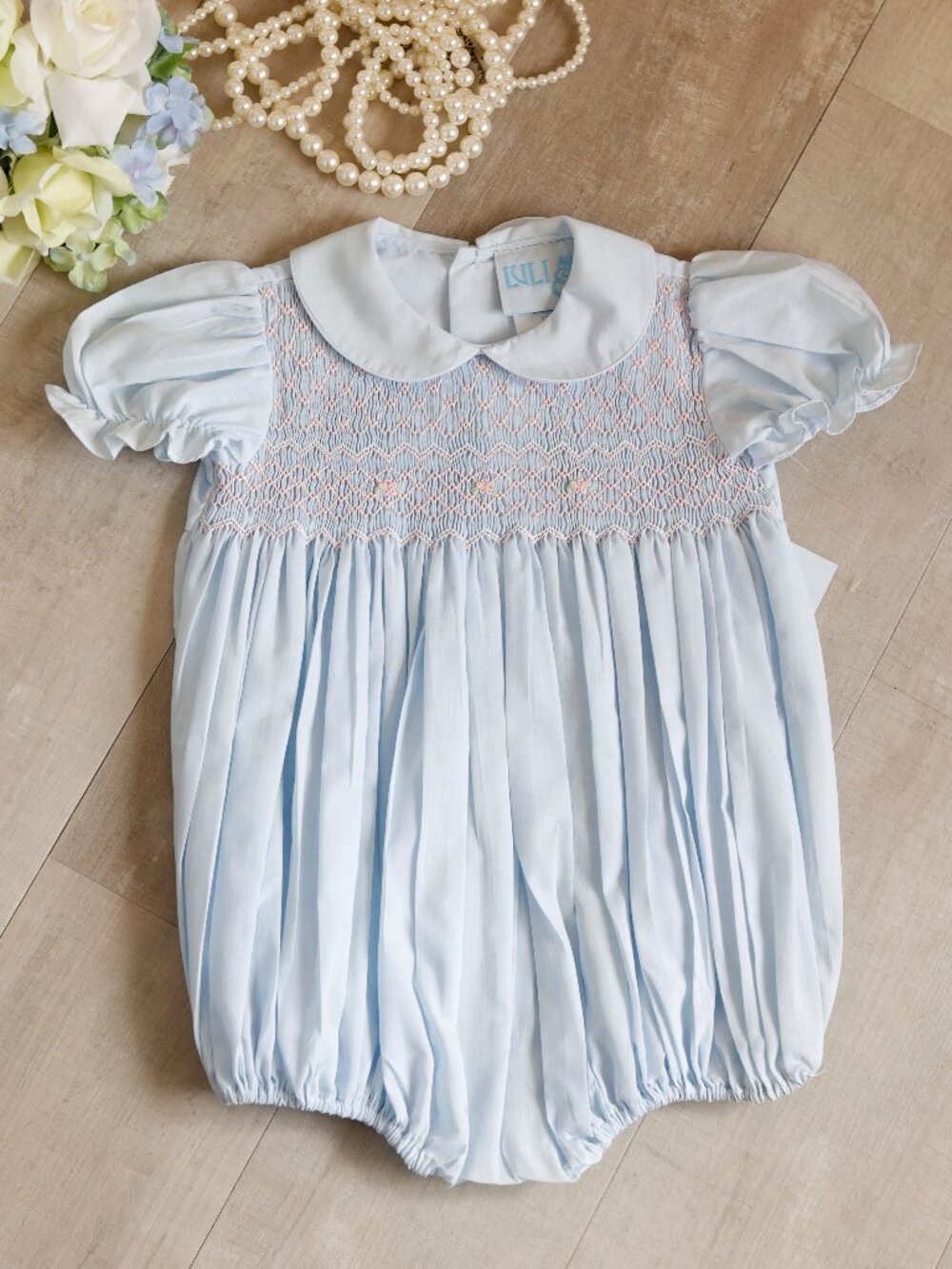 Blue Smocked Bubble Pink Embroidery 12 Months Luli & Me Spring Summer Vacation